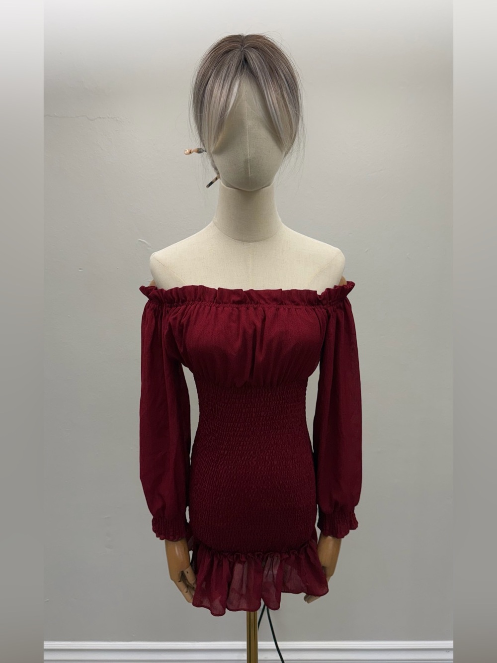 PeachPuff Burgundy Off Shoulder Smocked Mini Dress Size Small Boho Long Sleeve